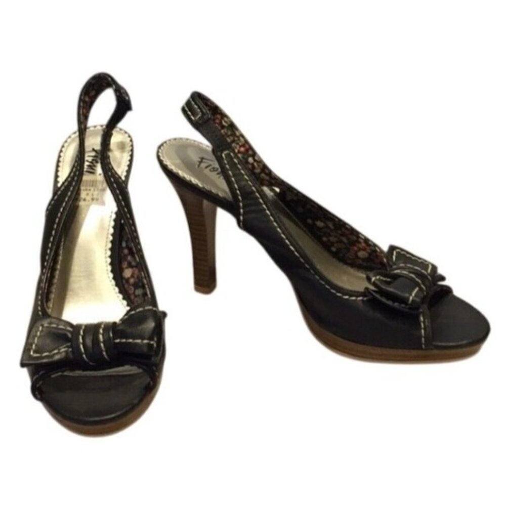 Fioni Black Peep Toe Slingback Heels Bow Accent 8.5